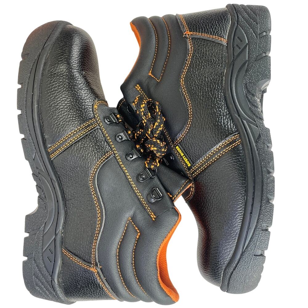 Safety Steel Toe Men Work Boots Black Orange Padded Collar Anti Slip NIB S 44/11